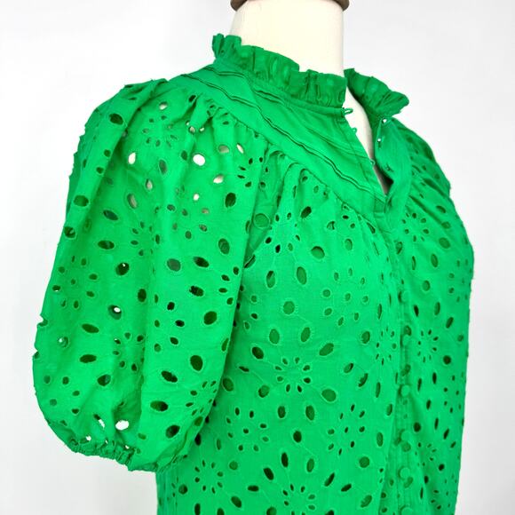 NWT Pretty Garden Eyelet Puff Sleeve Blouse Top Kelly Green Womens Size S - Picture 6 of 9